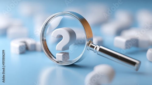Unveiling Inquiry: A close-up view presents a question mark under a magnifying glass, inviting contemplation and investigation of the unknown. 
