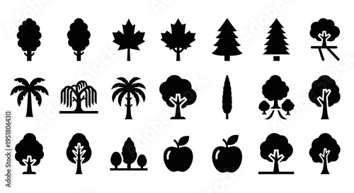 Collection of various tree silhouettes and icons.
