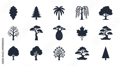 Collection of various tree silhouettes.