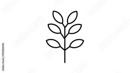 Minimalist vector line art shows a single branch with six symmetric leaves, providing a clean and simple nature icon on a white background.
