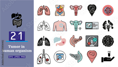 This comprehensive collection of 21 flat design medical icons illustrates various human organs and conditions, including healthy and diseased lungs, stomach, uterus, pancreas, and breast, alongside.