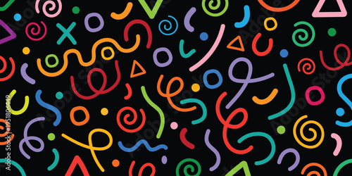 Vibrant multicolored abstract shapes and symbols on a black background