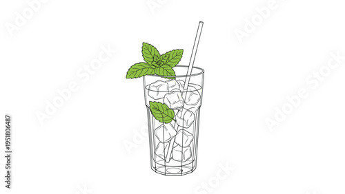 Refreshing line art illustration of a tall glass filled with ice cubes and fresh mint leaves, perfect for a cool beverage.