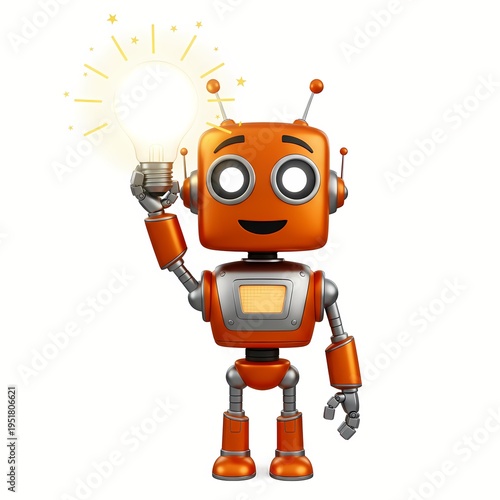 Orange Robot Holding Glowing Lightbulb Idea – 3D Cartoon Character