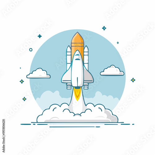 A rocket ship launches into the sky with clouds and stars surrounding it.