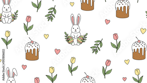 Adorable seamless pattern for Easter featuring cute bunnies with eggs, traditional kulich cakes, spring tulips, and small hearts, on white background.