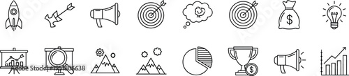 Business marketing icons set, startup launch rocket, goal achievement target, financial success money bag, innovation light bulb, analytics presentation, growth chart