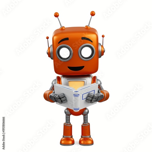 Orange Robot Reading Book – 3D Cartoon Education Character