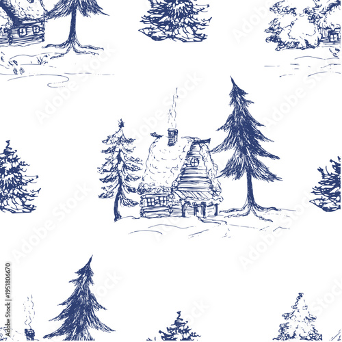 Blue toile de Jouy winter landscape with cottage, trees, engraved Christmas pattern.