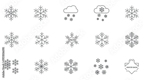Winter snowflake icons set with frozen crystal patterns, snowing clouds and winter season symbols