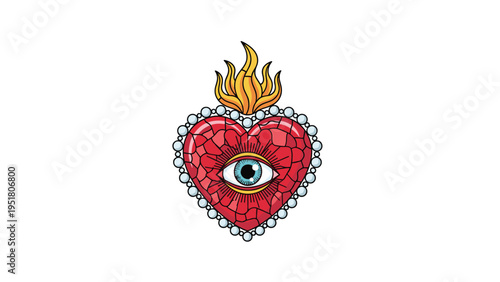 Traditional sacred heart illustration features a red heart with an eye in the center, surrounded by beads and topped with golden spirit flames.