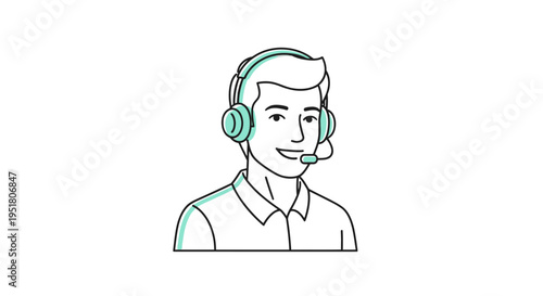 Line art illustration of a smiling male customer service representative wearing a headset with a microphone, depicted on a white background.