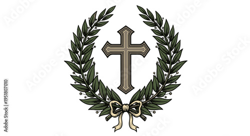 Ornate Christian cross centered within a green laurel wreath tied with a decorative bow, symbolizing faith, victory, and honor.