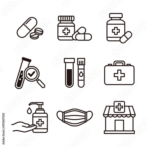 Pharmacy, Medicine and First Aid Kit Hygiene Line Icon Set