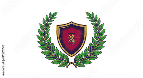 A detailed illustration of a heraldic crest featuring a maroon shield with a golden lion rampant, encircled by a vibrant green laurel wreath, symbolizing honor and achievement.