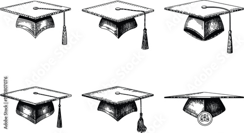 Graduation cap vector set, hand drawn sketch academic hats with tassels for university student degree, education