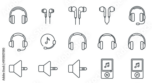 A collection of outline icons representing various audio devices including headphones, earphones, speakers, and music players.