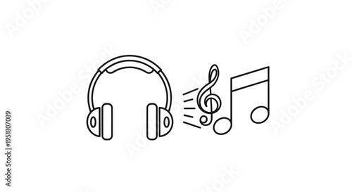Simple line art illustration depicting headphones listening to music with a treble clef and musical note.