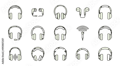 A collection of minimalist line art icons depicting various types of headphones, earphones, and audio devices, arranged in a grid.
