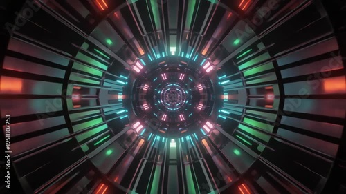 Abstract futuristic tunnel with neon lights and geometric shapes