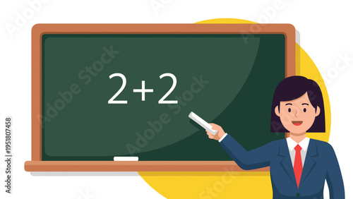 Education illustration features a female teacher pointing to a simple math equation on a chalkboard, representing school and learning concepts.