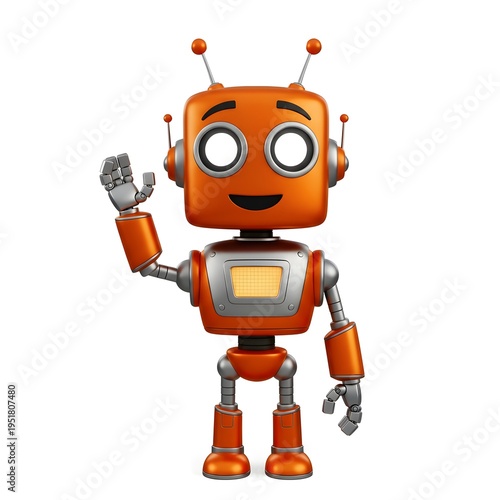 Friendly Orange Robot Waving Hello – Cartoon 3D Mascot