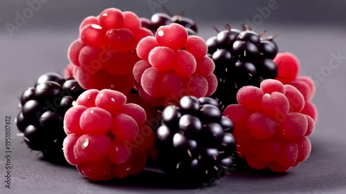 Close up of fresh blackberries and raspberries on a dark surface