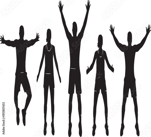 Fitness Group Doing Jumping Jacks Black Silhouettes Vector Illustration