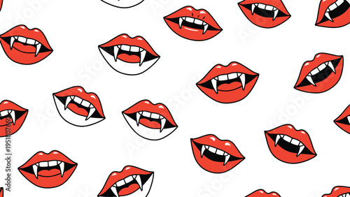 Spooky and fun seamless pattern featuring cartoon vampire lips with sharp fangs, perfect for Halloween or gothic themes.