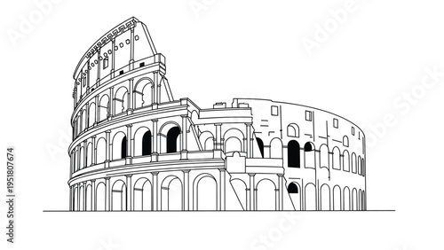 Detailed line art illustration of the iconic Colosseum, an ancient Roman amphitheater, showcasing its grand architectural structure.