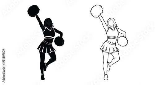 Two cheerleaders in silhouette actively performing with pom poms