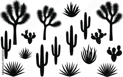 Desert cactus and succulent silhouettes collection with agave and joshua tree isolated vector set for arid landscape design and decoration