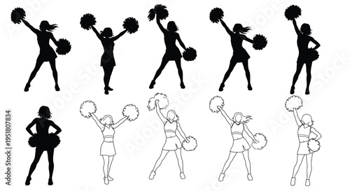 Silhouette illustrations of cheerleaders performing dynamic routines with pompoms