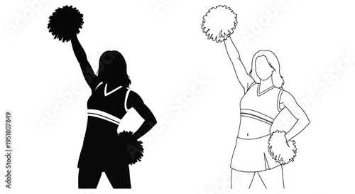 Two cheerleaders in silhouette raising pom poms with energetic poses