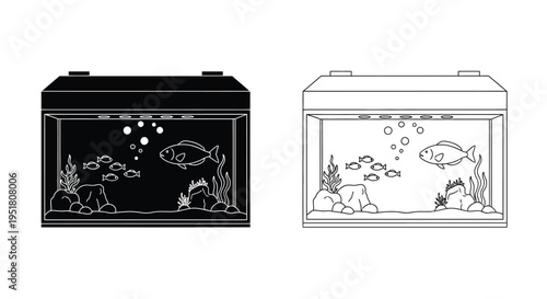 Aquarium illustration presented in both black and white variations