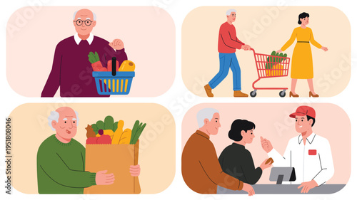 "Collage of grocery shopping scenes with elderly and young customers carrying baskets, pushing carts, and interacting at checkout counters in retail store"
