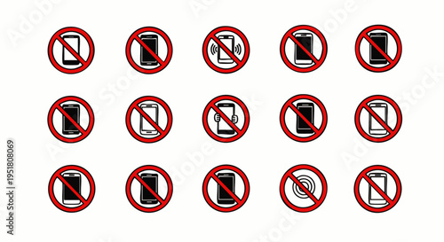 Collection of diverse no mobile phone signs, prohibiting smartphone use, photography, or ringing in various public and private spaces, isolated on white background.