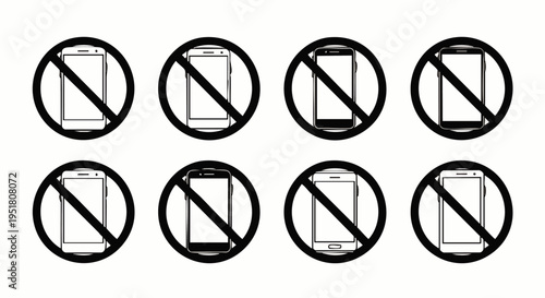 Set of eight 'no smartphone' icons, indicating prohibited mobile phone usage, encouraging digital detox, and fostering real-world interaction.