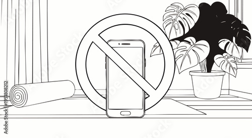 Illustration of a 'No Phone' Sign in a Relaxing Indoor Setting with Yoga Mat and Plant, Symbolizing Digital Detox, Mindfulness, and Well-being