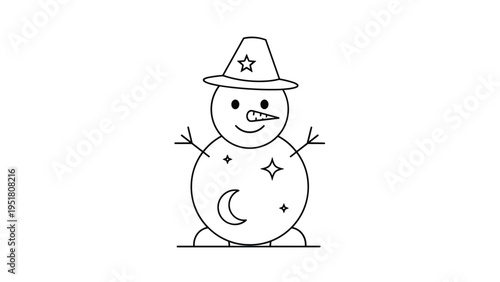 Cute line art illustration of a snowman wearing a hat, adorned with celestial elements like stars and a crescent moon, on a white background.