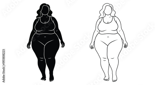 Two line art depictions of plus size women in swimwear or undergarments