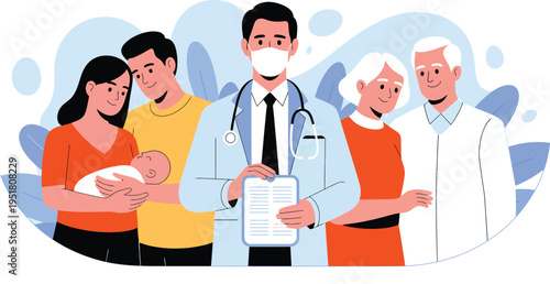 "Diverse family with doctor in mask holding clipboard, symbolizing healthcare support across generations, medical care, family health, and wellbeing"