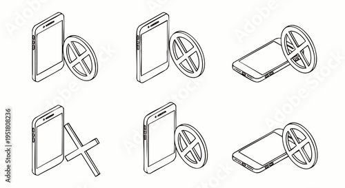 Isometric line art icons depicting 'no smartphone' or 'do not use phone' warnings, ideal for signs, rules, and digital interfaces conveying restrictions.