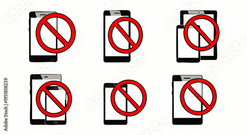 Set of six stylized illustrations depicting various mobile phones with a red prohibition sign, symbolizing a ban on smartphone use or a digital detox concept.