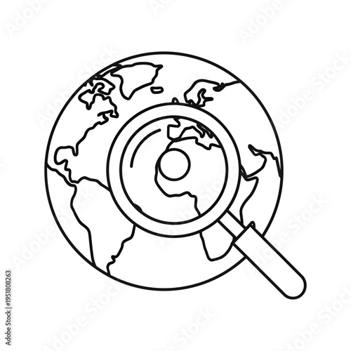 Global search concept with magnifying glass on world map symbolizing investigation and research on a global scale earth globe magnifying glass