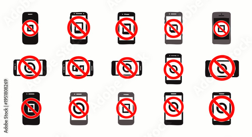 No mobile phone or camera allowed. Collection of smartphones with forbidden camera signs, representing privacy and security restrictions.