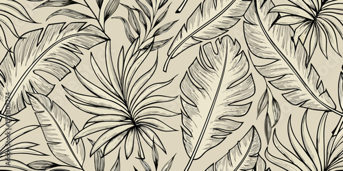 Elegant tropical leaves create a seamless monochrome pattern background