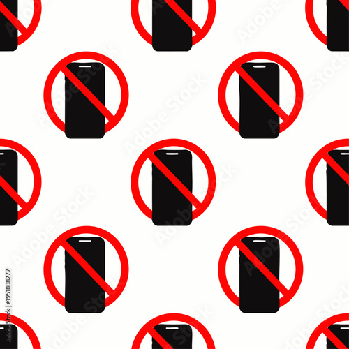 Seamless pattern of 'no mobile phone' or 'no cellphone' sign. Digital detox concept, phone-free zone, or silent mode reminder. Modern technology restriction.