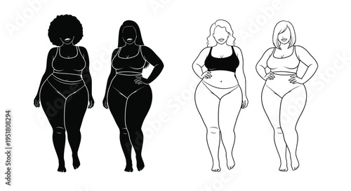 Four diverse women showcasing different body types in minimalist illustrations