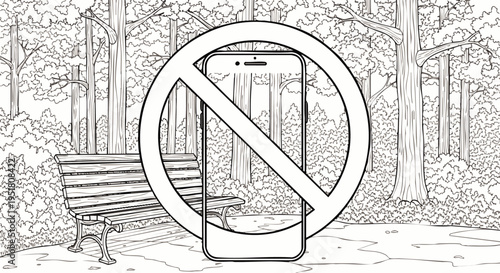 Digital detox in nature: No mobile phone sign in a serene park setting with trees and a bench, promoting screen-free relaxation and mindfulness.